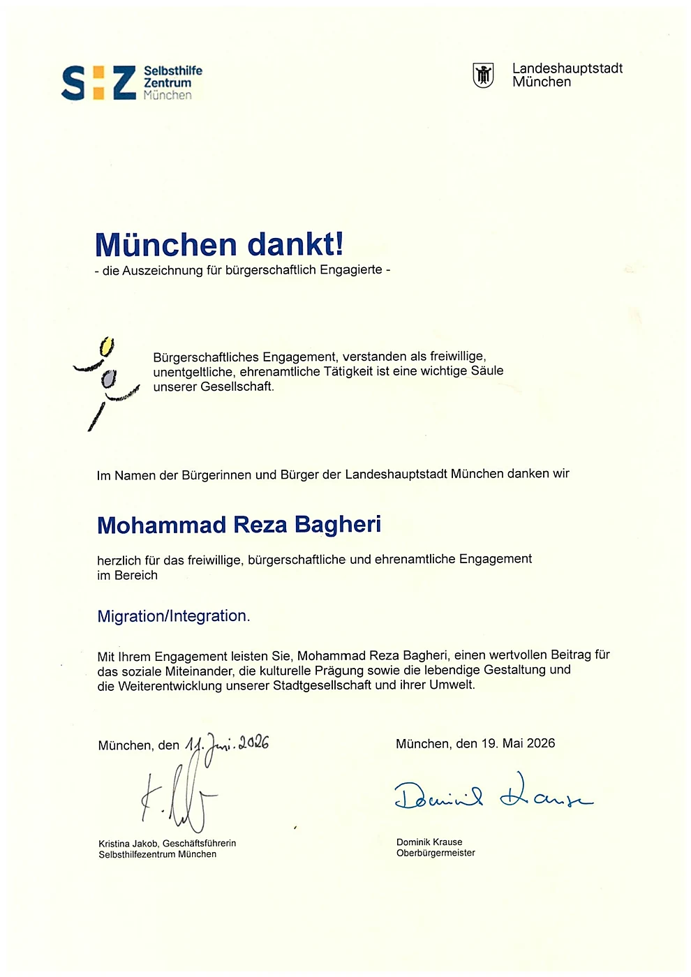 Urkunde „München dankt!“ – Auszeichnung der Landeshauptstadt München für ehrenamtliche Integrationsarbeit von Mohammad Reza Bagheri (QUM e. V.)